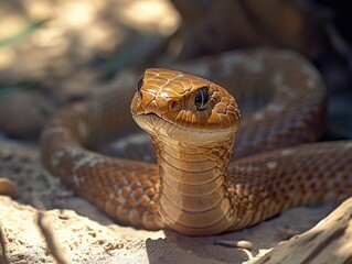 Poster - A close-up view of a snake on the ground, its body curled and alert