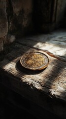 Poster - A single coin sits on top of a wooden table, ready for use