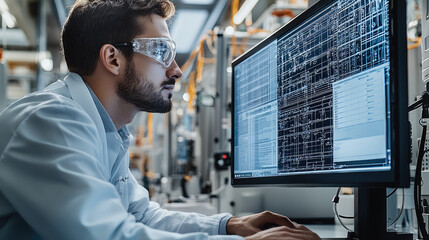 Aufkleber - focused engineer is working intently computer, analyzing complex technical data screen filled with intricate designs and schematics. environment is modern and well lit, reflecting high tech