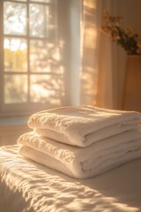 Poster - White towels on a bed, useful for bedroom or bathroom scenes