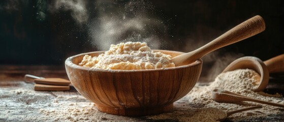 Poster - A simple kitchen scene with a wooden bowl filled with flour and a wooden spoon lying next to it