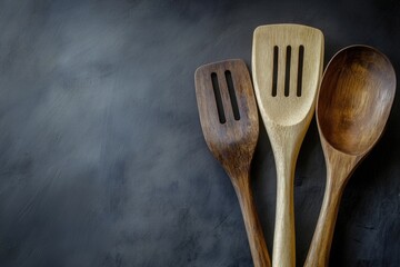 Poster - Close-up of three wooden utensils on a black background, ideal for use in design projects or as a prop in photography