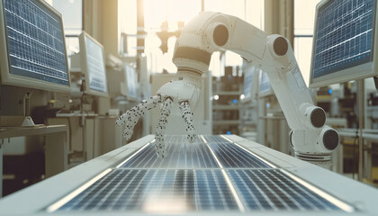 Aufkleber - robotic arm is positioned over table with solar panels, surrounded by computer monitors displaying data in modern industrial setting. scene conveys sense of advanced technology and innovation