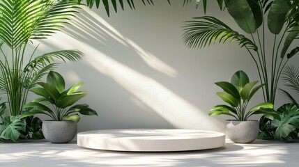 Aufkleber - Soft sunlight filters through tall plants, casting gentle shadows across a smooth, circular platform in a tranquil setting. This serene composition invites relaxation and creativity