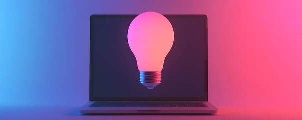 Poster - glowing light bulb floating over laptop screen in neon lighting: innovation and technology concept