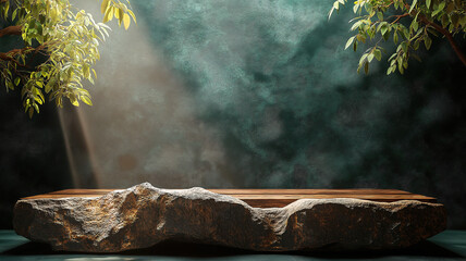 Wall Mural - elegant product stage featuring stone and wood platform with soft lighting and green backdrop