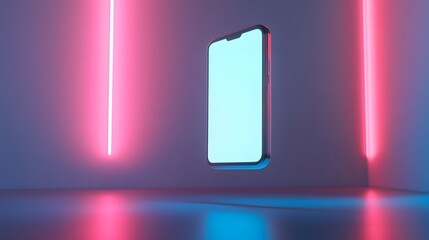 Fototapete - Smartphone floating in neon-lit room with blank screen
