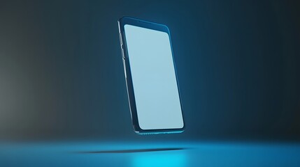 Poster - Modern smartphone floating with blank screen in neon blue light: futuristic mobile technology concept