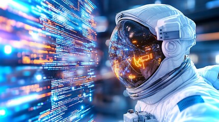 Poster - Astronaut observes colleague working with advanced technology in a space environment