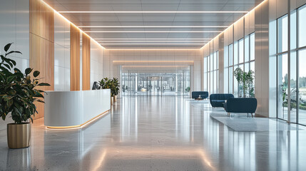 Poster - Modern corporate interior design features spacious lobby with sleek reception desk, elegant seating areas, and lush greenery. bright, airy atmosphere is enhanced by natural light streaming through