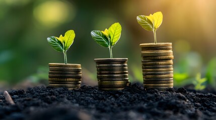 Poster - Plants growing on increasing stacks of coins symbolizing investment growth
