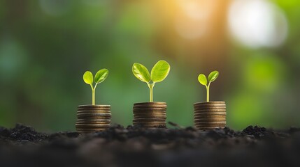 Poster - Growing young plants on increasing stacks of coins symbolizing investment growth