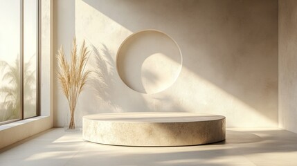 Poster - Natural light pours into a peaceful room, highlighting a round platform and a soothing crescent-shaped niche on the wall. A tall pampas grass arrangement enhances the serene ambiance
