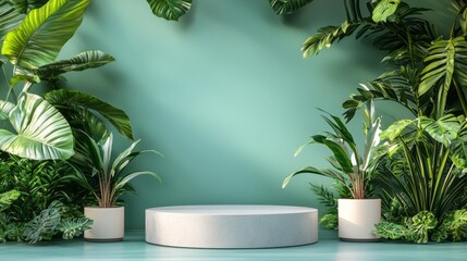 Poster - A serene space adorned with vibrant green plants flanking a sleek circular podium