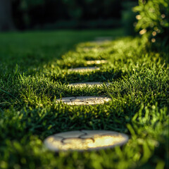 Poster - serene pathway lined with decorative stepping stones, surrounded by lush green grass, creates tranquil outdoor atmosphere. sunlight gently illuminates stones, enhancing peaceful ambiance