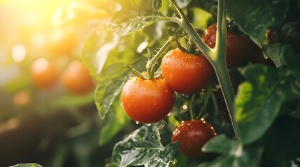 Aufkleber - Ripe tomatoes growing on vine in greenhouse during sunset