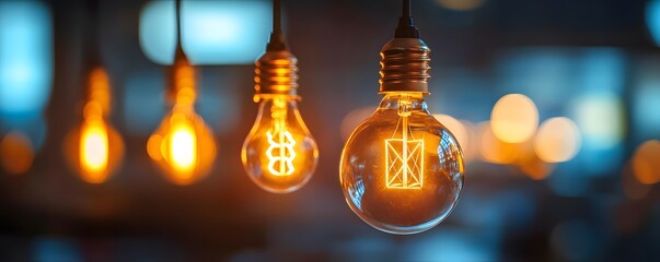 Aufkleber - hanging light bulbs shining warm light in a blurred background