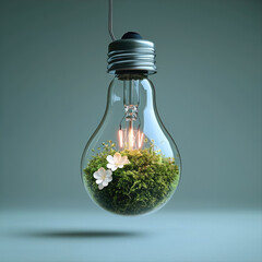 Poster - light bulb filled with vibrant green moss and delicate white flowers creates stunning visual of nature and innovation. This unique design symbolizes sustainability and eco friendliness