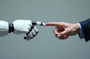 an artificial intelligence hand and a human hand are trying to touch each other, isolated on a white