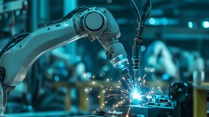 Fototapete - Robotic arm is welding metal part in car factory