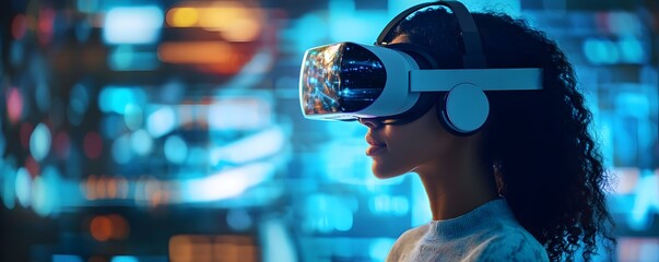 Poster - Software engineer wearing virtual reality headset working with big data and neural network visualization