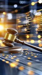 Poster - Digital courtroom with gavel representing justice and law in a futuristic setting