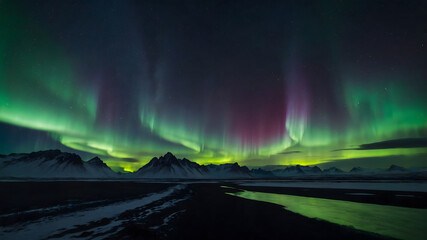 Wall Mural - Amazing view of green aurora borealis shining in night sky over snowy