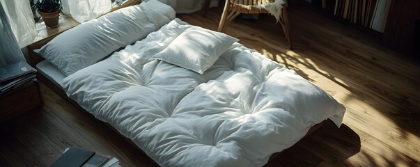 Poster - Unmade bed in cozy minimalist bedroom with morning sunlight
