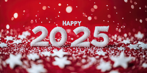 Wall Mural - happy 2025 greeting with large snow-covered numbers on a festive red background, sparkles, snowflake