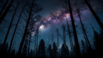 Wall Mural - Dark sky covered with glowing stars over silhouette of tall forest trees at night time