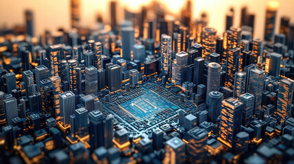 Poster - futuristic cityscape featuring computer chip at its center, surrounded by towering skyscrapers and glowing lights, evokes sense of advanced technology and innovation