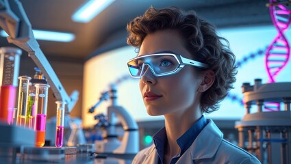 Poster - scientist in a high-tech laboratory examines colorful liquid samples while wearing smart glasses in 