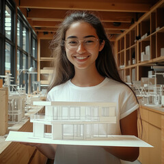 Poster - young girl is smiling while holding detailed architectural model in well lit studio filled with design materials. Her enthusiasm reflects joy of creativity and innovation in architecture