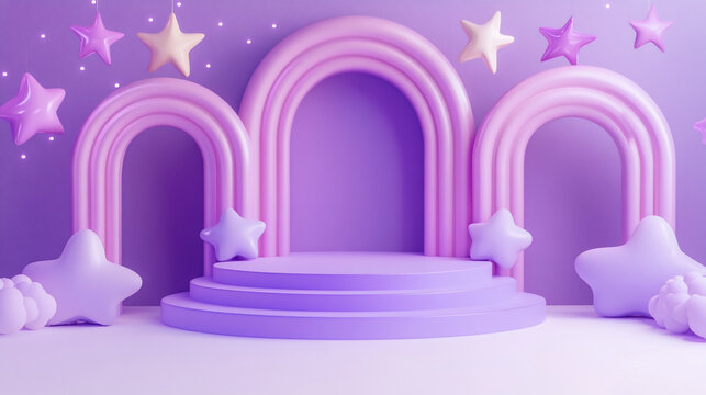 Pastel purple 3D rendering of a stage with rainbows and stars.