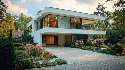 Poster - Modern villa with sleek design, surrounded by lush greenery and vibrant flowers, showcasing harmonious blend of architecture and nature. spacious driveway leads to beautifully landscaped garden
