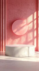 Poster - Soft sunlight filters through a window, casting gentle shadows on a smooth, rounded podium. A large pink circle hangs above, adding a touch of artistic elegance to the serene space