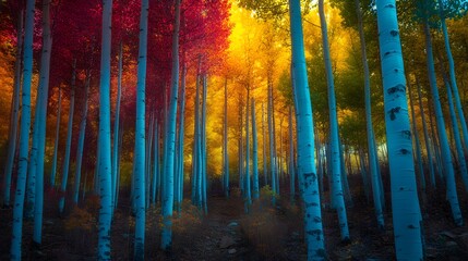 Poster - Surreal autumn forest with vibrant colors creating a magical and dreamy atmosphere