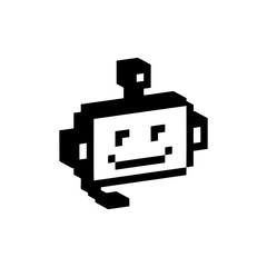 Poster - 3d robot head vector element. Y2k friendly bot pixel art icon. Chatbot 8 bit emoji on white background. Game abstract element. Bold modern geometric shape for collage sticker, poster, sign, logo