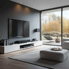 Poster - Modern minimalist living room with large flat screen TV mounted dark wall, featuring sleek white media console. cozy seating area includes soft rug and stylish ottoman, with large windows