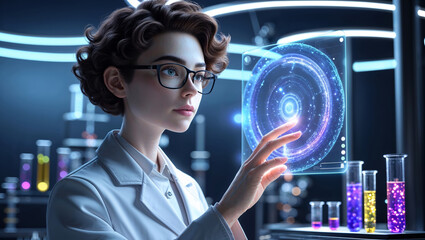 Poster - scientist conducts innovative research in a futuristic laboratory setting with advanced technology