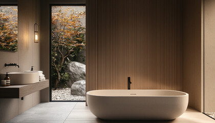 Poster - serene and modern bathroom featuring freestanding bathtub, minimalist design, and natural elements. space is illuminated by soft light, creating tranquil atmosphere with view of outdoor greenery