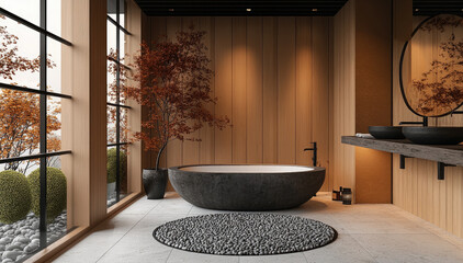 Poster - serene and modern Japanese bathroom featuring sleek stone bathtub, wooden walls, and large windows that offer view of nature. space is adorned with autumn foliage, creating tranquil atmosphere