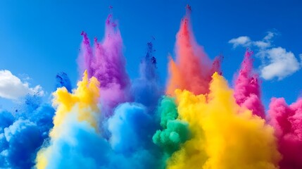 Aufkleber - Colorful smoke bombs exploding in the blue sky creating a rainbow effect