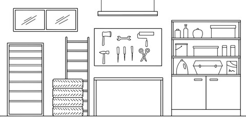 Fototapete - Garage interior graphic black white sketch illustration vector 