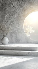 Poster - Soft sunlight fills the serene indoor area, casting gentle shadows on the minimalist stone steps. A white vase with delicate branches adds an elegant touch to the tranquil atmosphere