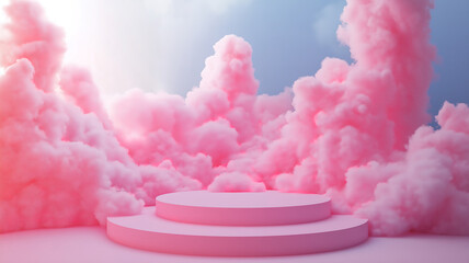 Poster - Dreamy pink podium stage with abstract pastel clouds and white smoke for a minimal display