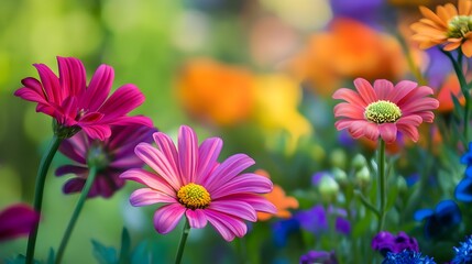 Aufkleber - Colorful daisy flowers blooming in summer garden