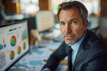 Poster - Serious and Professional Mature Accountant in Office Surrounded by Financial Documents and Technology