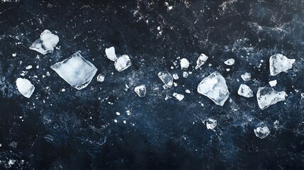 Poster - Ice fragments floating on dark water surface creating abstract pattern