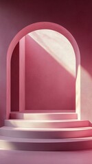 Poster - Soft sunlight spills through an elegant archway into a serene pink corridor, highlighting smooth steps and minimalist design. The artistic interplay of light and color creates a calming atmosphere